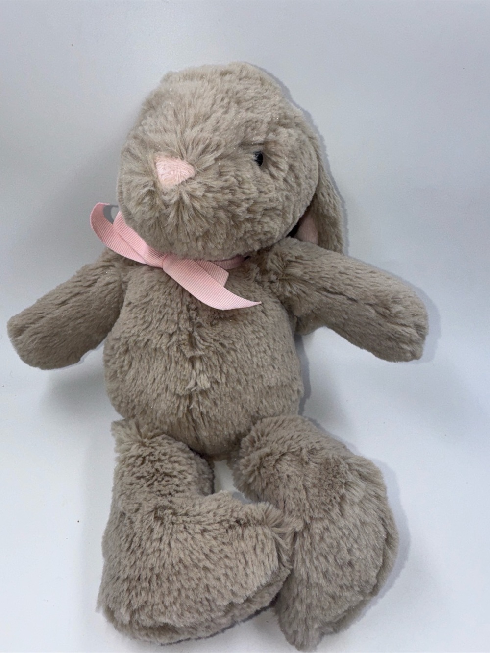 PBK Pottery Barn Kids Plush Bunny Rabbit Grey With Pink Bow 11”